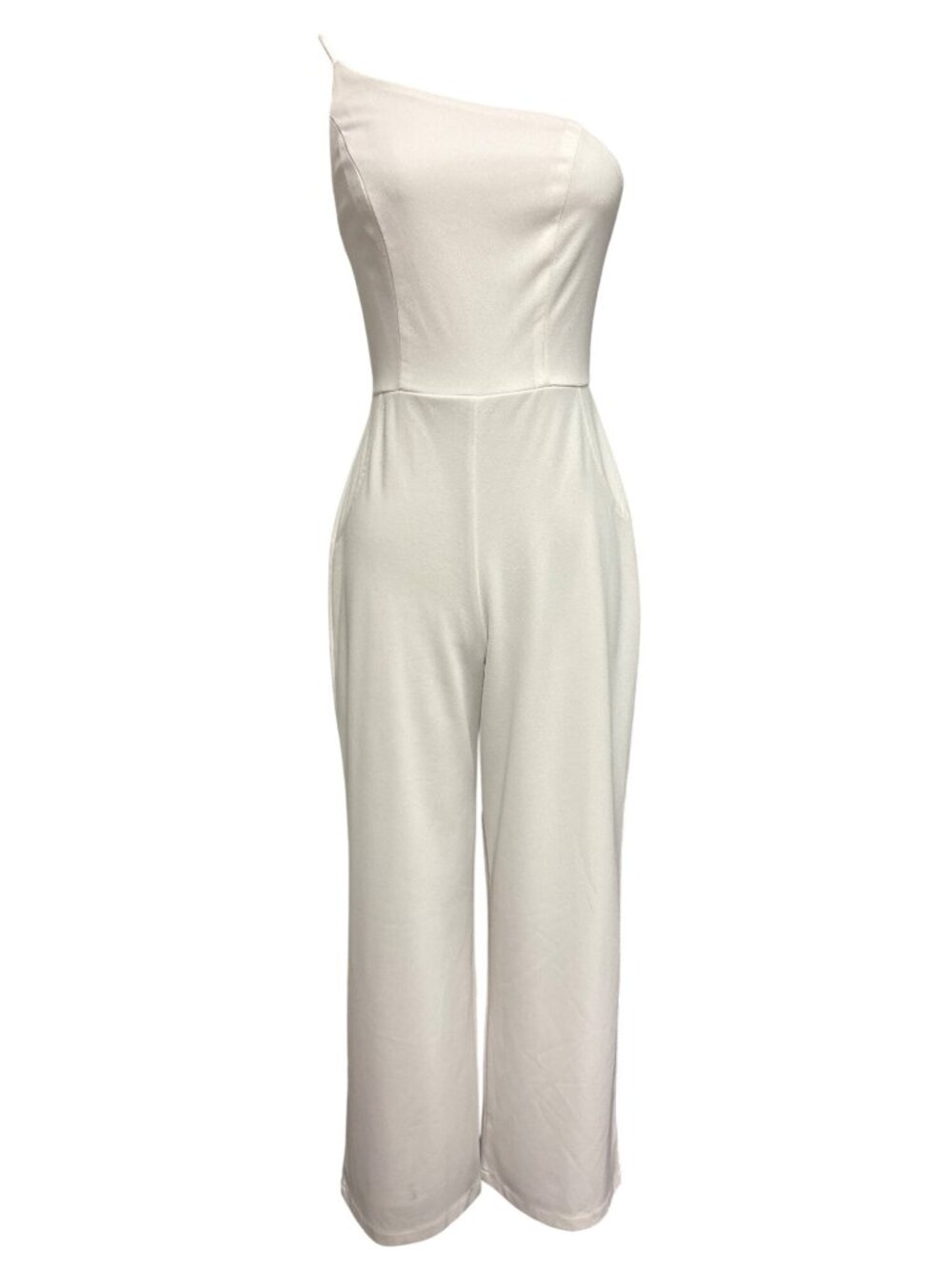 Asymmetrical White Sleeveless Jumpsuit With Side Zipper Medium
